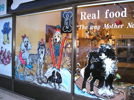 Promotional window art work for local pet store.