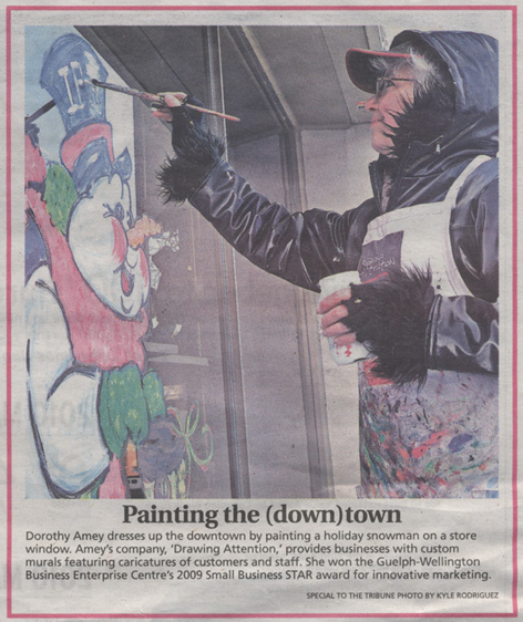 Article in Guelph Tribune featuring Dorothy Amey's window art work.