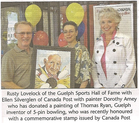 Colour article featuring presentation of Thomas Ryan caricature to Guelph Sports Hall of Fame.