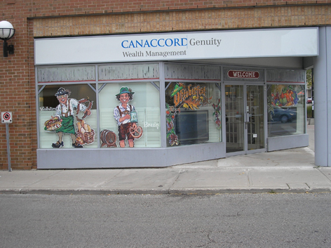 Promotional window art work featuring Oktoberfest for local business in Kitchener/Waterloo.