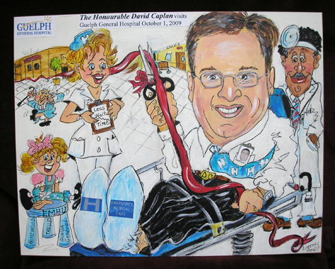 Caricature of David Caplan (Minister of Health) promoting new mental ward at Guelph General Hospital.