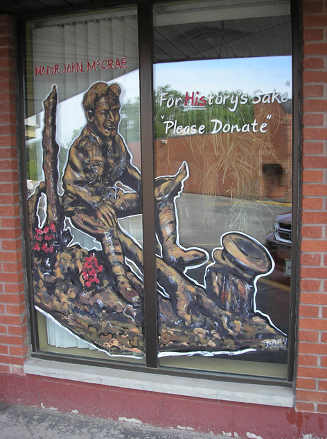 Colonel John McCrae window artwork at various locations across his hometown of Guelph Ontario, such as The Royal Canadian Legion and The Guelph Public Library.